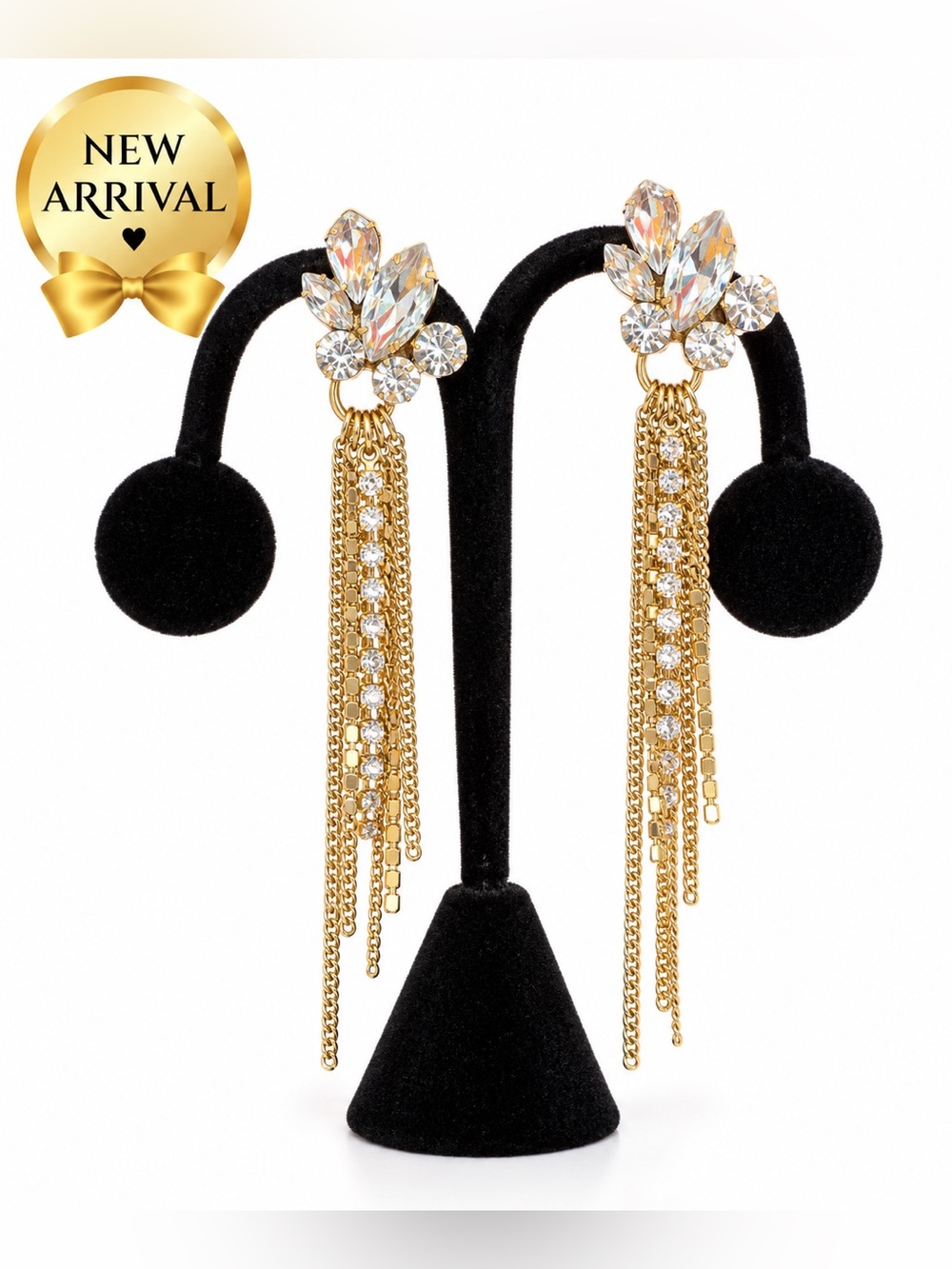 💎 BCBG Crystal & Gold-Tone Chain Tassel Earrings 💎